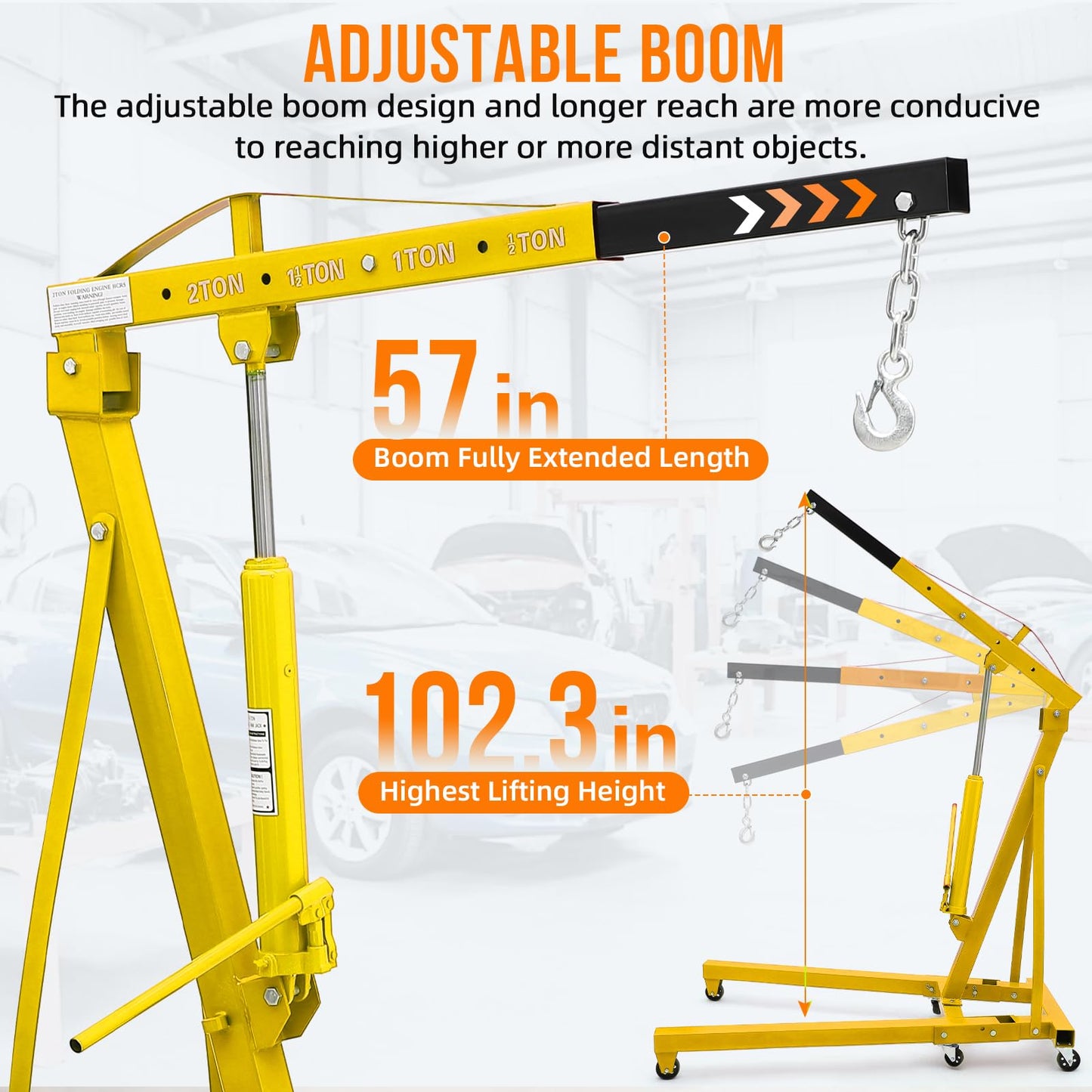 GarveeTech 2 T Engine Hoist, 4000 LBS Heavy Duty Folding Cherry Picker Engine Lift Hydraulic Tilting Engine Shop Crane with 6 Iron Caster Wheels Telescopic Boom Hitch,Yellow