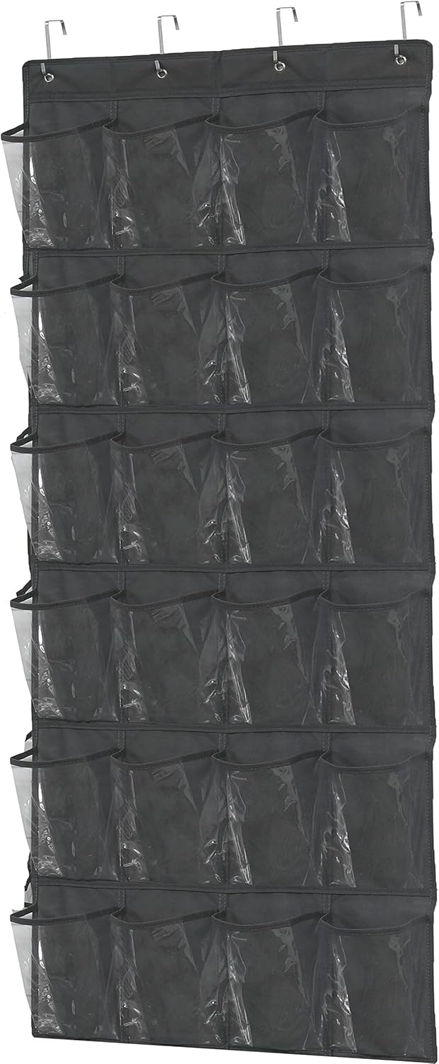Simple Houseware 24-Pocket Over The Door Hanging Shoe Organizer - Large Clear Pockets, Dark Gray (56" x 22.5")