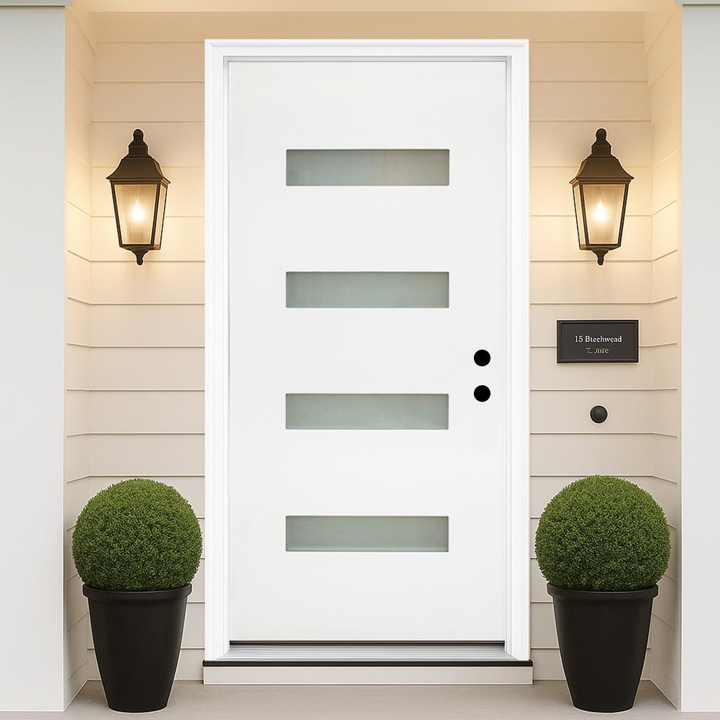 KHSHOW 36 x 80 Fiberglass Entry Door with Brickmould, 4-Lite Frosted Glass - Contemporary Style for Home's Front Entrance, Left Hand Inswing, Vinyl Frame, Primed Knock-Down Entry Door