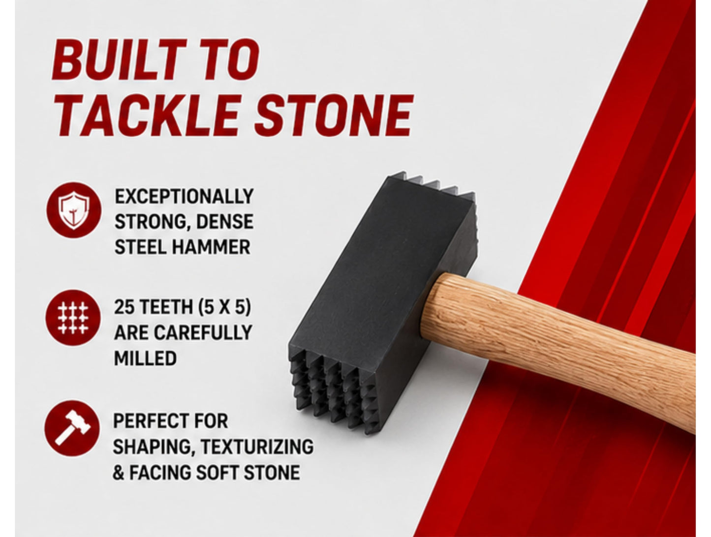 Bon Toothed Bush Hammer 2 LB 1 1/4" Face with Wood Handle 25 Teeth 5 x 5 Pattern for Shaping and Texturizing Soft Stone