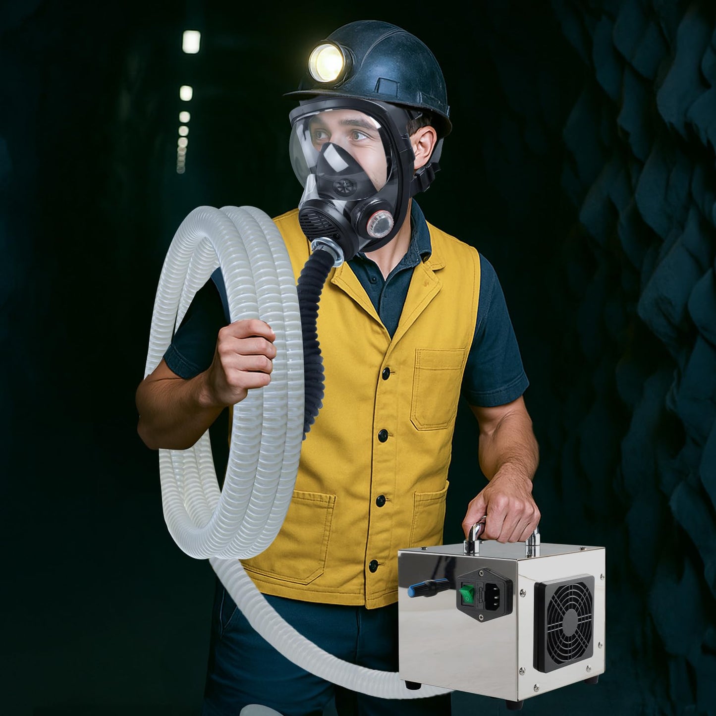 HANUU Portable PAPR Respirator System - High-Efficiency Powered Air Purifying Respirators with 33ft Long Hose - Large Airflow Supplied Air Respirator for Tunnel Construction Industrial