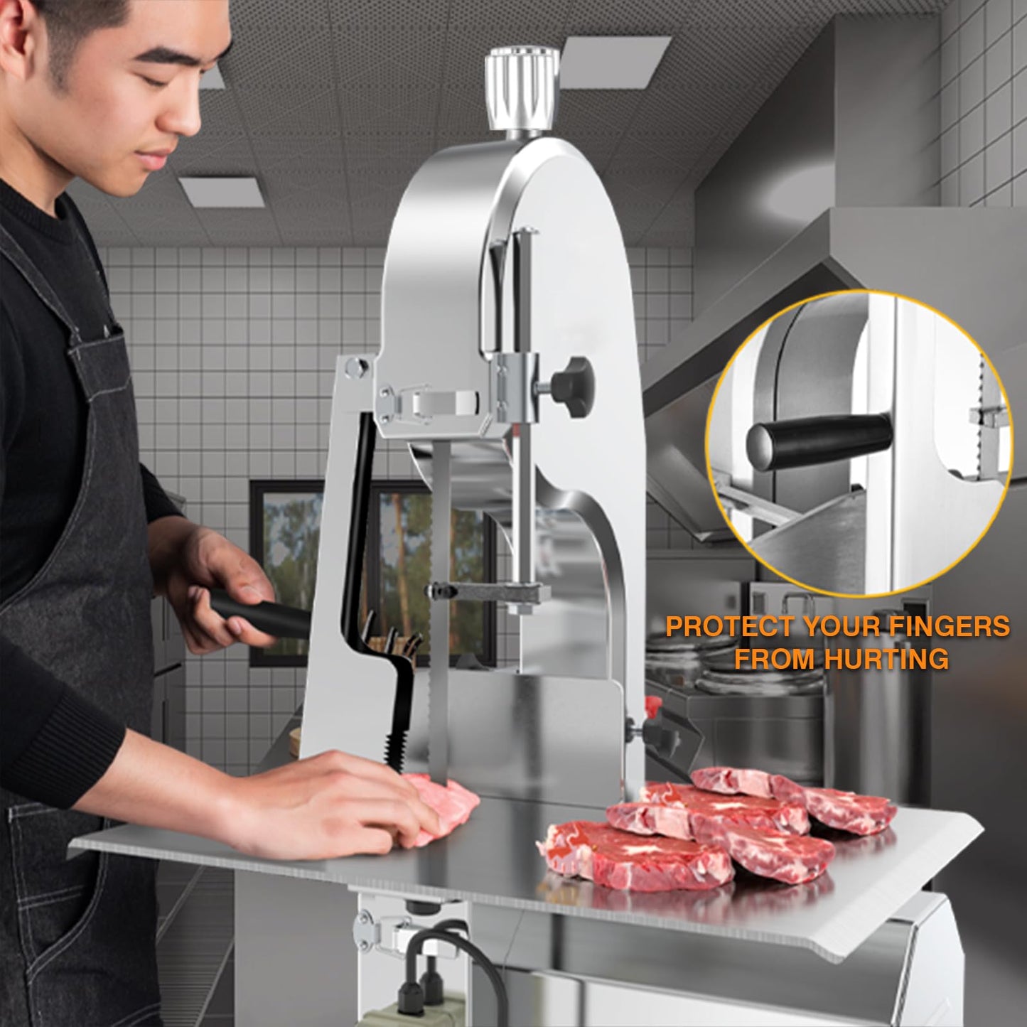 750W Electric Bone Saw Machine Commercial Electric Meat Bandsaw for Butchering, 18.1" x 12.4" Workbench, 0.4-4.3 Inch Cutting Thickness, Table Sawing for Cutting Rib, Frozen Meat with 5 Saw Blades