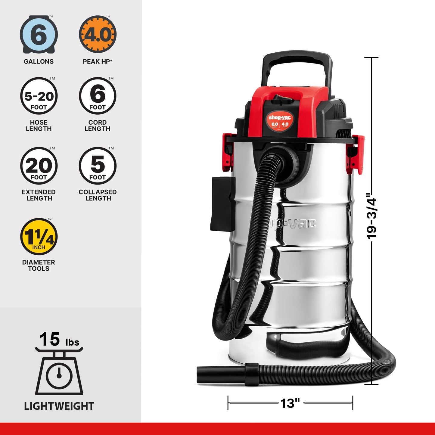 Shop-Vac 6 Gallon 4.0 Peak HP Wet/Dry Vacuum, Wall Mountable Compact Shop Vacuum with Up to 20 ft Extra Long Hose & Accessories - Ideal for Jobsite, Garages, Car & Workshops
