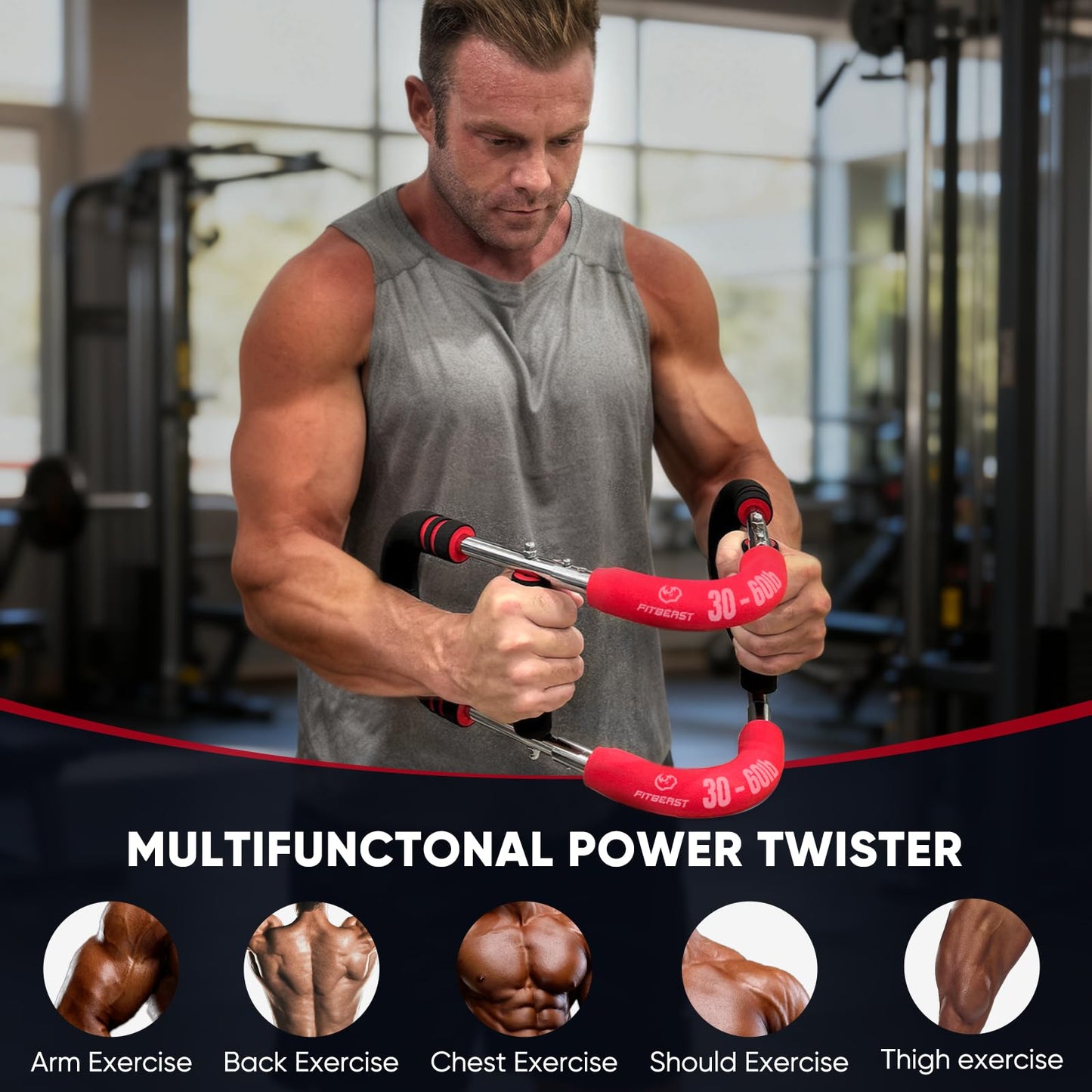 FitBeast Twister Arm Trainer, 4 Progressive Resistance Levels (30-120 lbs), 4-Spring Adjustable Arm & Chest Workout Equipment, Upper Body Strength Training Equipment for Home Gym (Red)