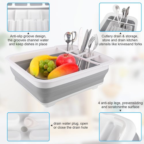 Collapsible Dish Drying Rack with Drain Plug Tube, Portable Dish Drainers for Kitchen Counter, Folding Dish Rack Over Sink Drying Dinnerware,Kitchen Sink Organizer Travel Trailer RV Camping Essentials