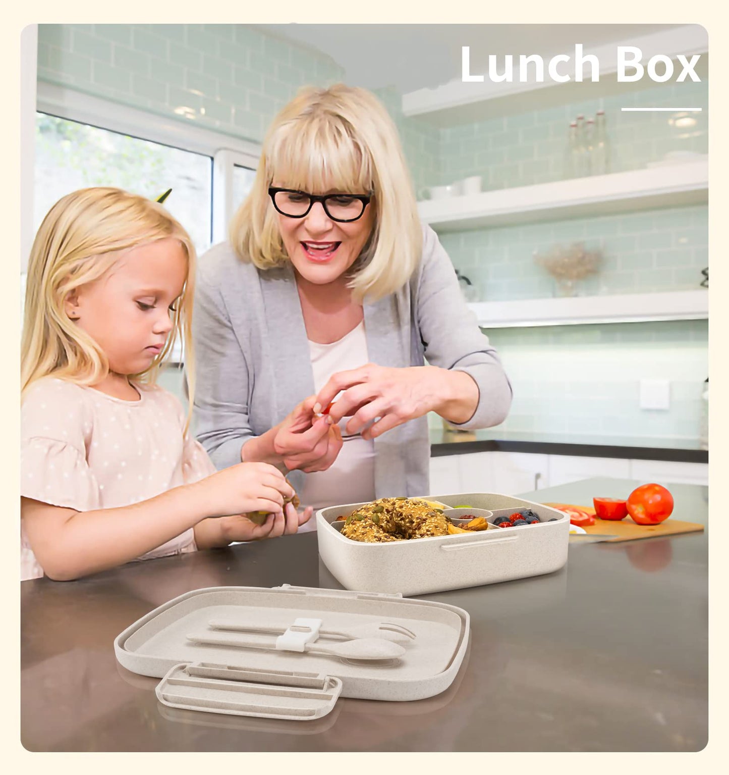 ANDMOON Bento Lunch Box, 5 Compartments Lunch Container for Kids/Adults with Snack cup, Wheat Fiber Eco-Friendly Double Insulated Boxes, Dishwasher and Microwave Safe, BPA-Free (White)