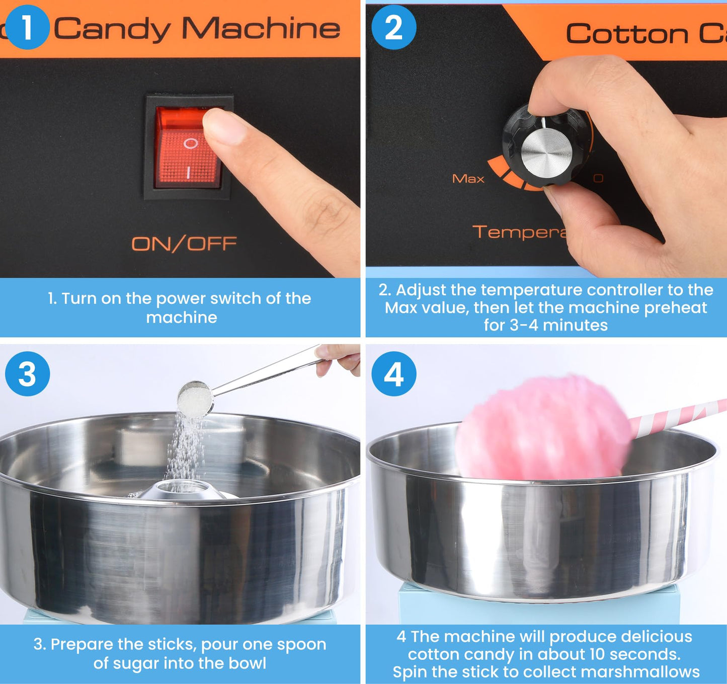 Cotton Candy Machine Commercial, 1000W Professional Cotton Candy Machine, Cotton Candy Maker with Stainless Steel Bowl, Bowl Cover and Sugar Scoop for Kids Birthday, Family Party, Festival (Blue)