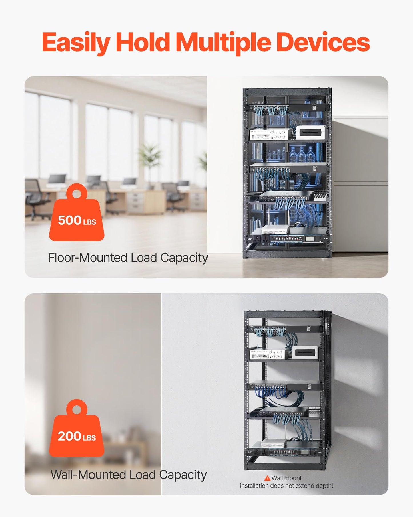 VEVOR 20U Server Rack, Open Frame Network Rack,4-Post Floor Standing or Wall Mounted, Includes 2PCS Vented 1U Rack Shelves & Mounting Hardware, Computer Wall Rack for 19" IT/AV Equipment