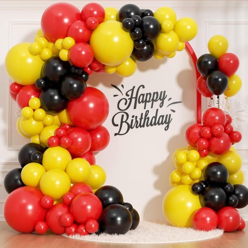 166Pcs Balloon Garland Arch Kit - Red, Yellow & Black Latex Balloons for Mouse Party Decor | Birthday & Baby Shower