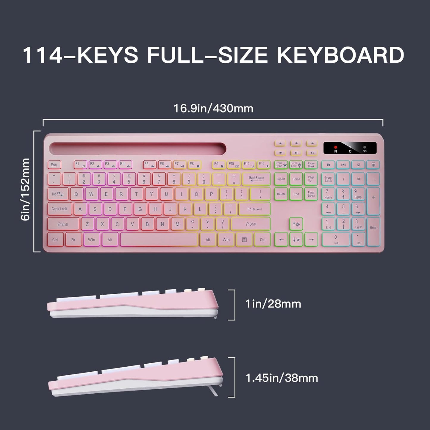 Soueto 7-Color 2.4G Wireless Keyboard with RGB Backlit, Full-Size Computer Keyboard with Phone Tablet Holder