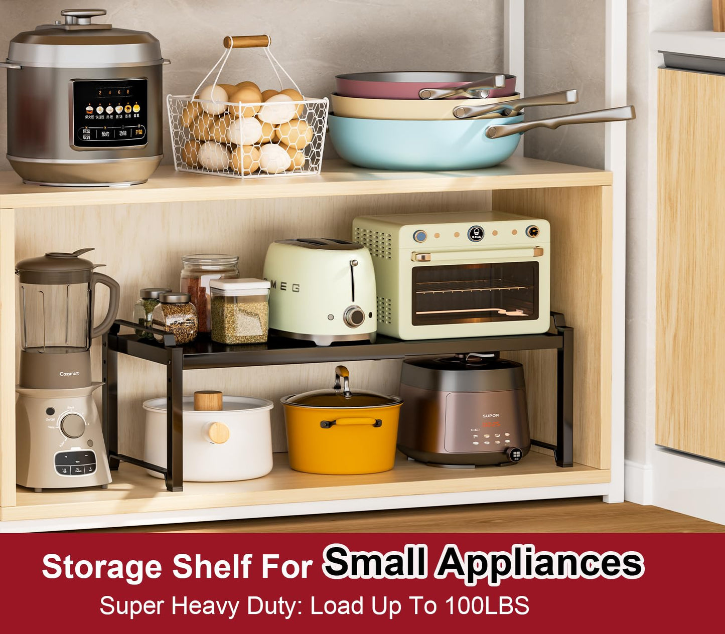 X-cosrack 12" Wide 100LBS Loading-Bearing Heavy Duty Kitchen Storage Shelf, Expandable Cabinet Shelf Organizer, Stackable Adjustable Storage Shelves for Kitchen Cabinet Cupboard Pantry Counter