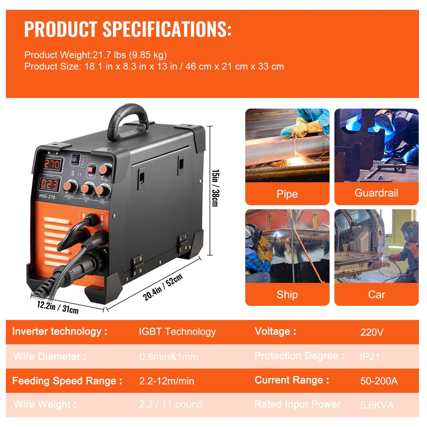 VEVOR MIG Welder, 3 in 1 270 Amp Welding Machine, 110 220V MIG Lift TIG Arc Welder, Portable Lift TIG Welder ARC Welder with IGBT DC Inverter, LCD Digital Display, Welder Torch and Welding Wire