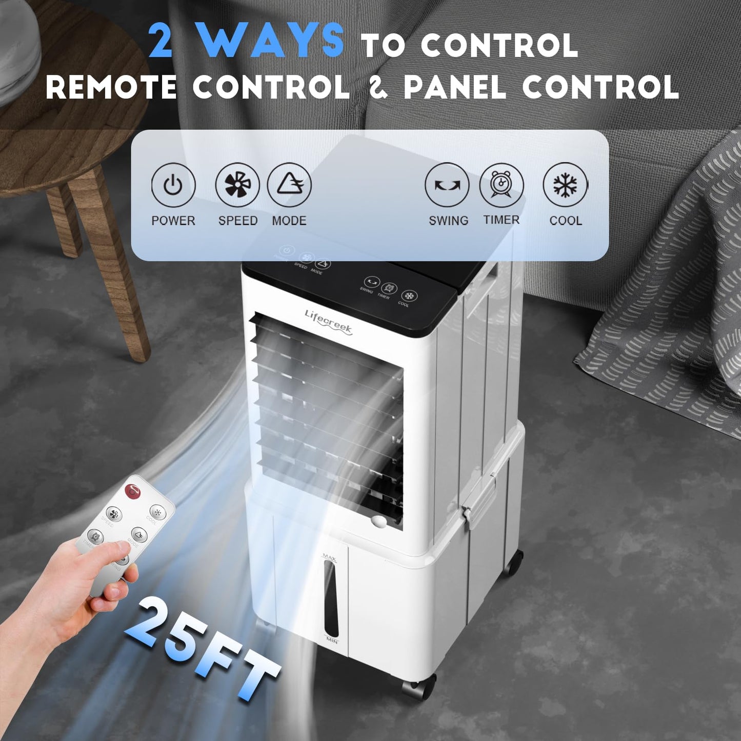 Lifecreek Portable Air Conditioner, 3-in-1 Evaporative Air Cooler with 3.2 Gal Water Tank, Windowless Portable AC Fan with 6 Ice Packs, Remote, 12H Timer, 3 Speeds, 4 Modes for Room Bedroom Office