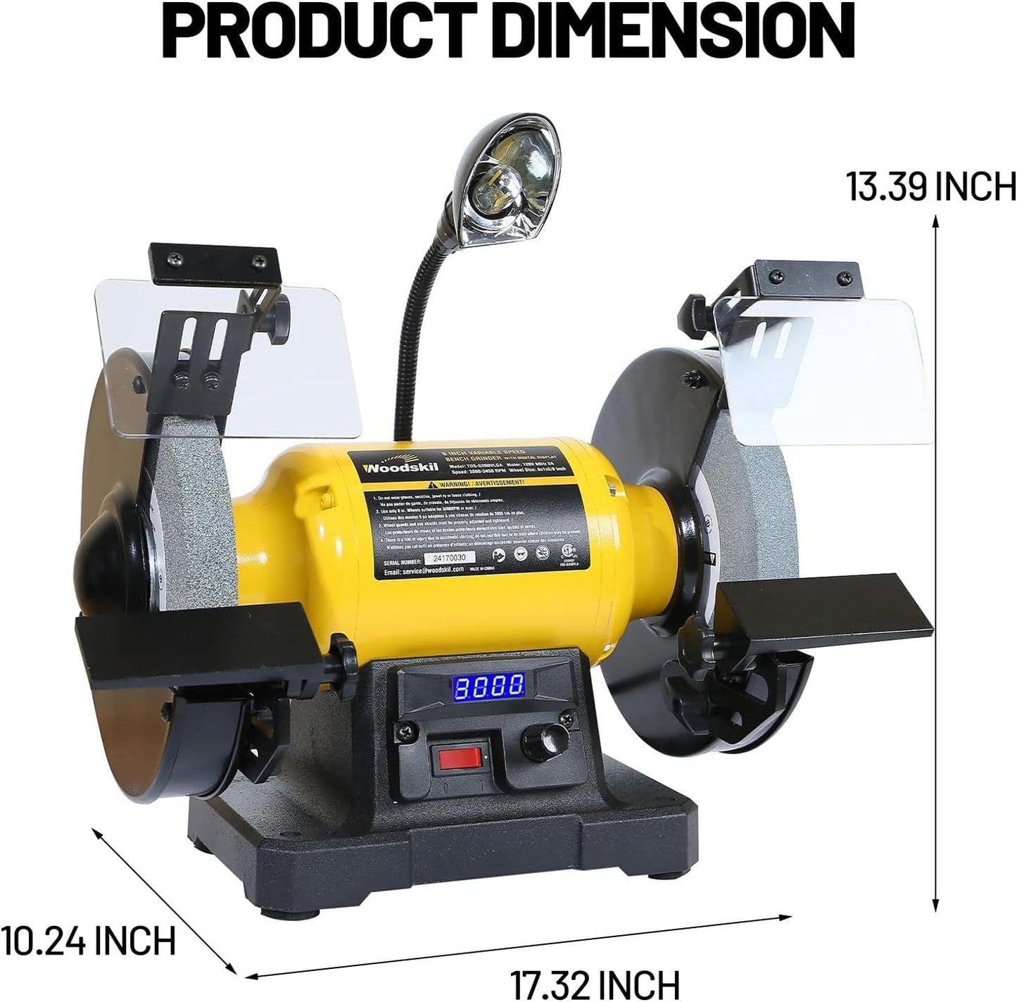 Digital Display 8 Inch Variable Speed Bench Grinder, 3/4HP 5.0 Amp Power Bench Grinder with Work Light, Adjustable Tool Rest and Cast Iron Base for Knife, Chisel