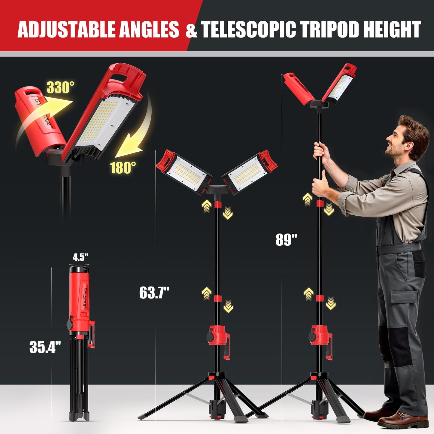 SYLSTAR Hybrid Powered LED Work Light with Tripod, 12000 Lumens Corded & Rechargeable Battery Work Light, 7.4ft Aluminum Telescopic Stand, 3 Brightness Levels, IP65, Dual Head, Portable Job Site Light