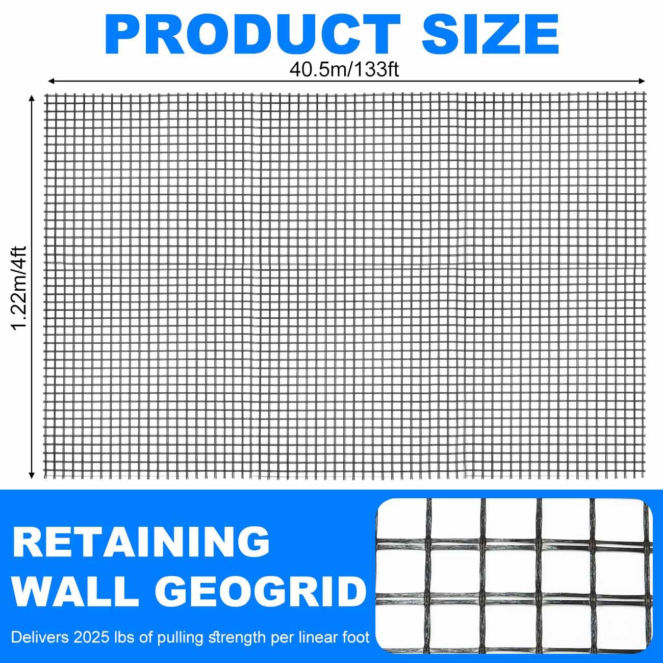 Universal Retaining Wall Geogrid Roll, Fiberglass Geogrid, Gravel Driveway Stabilization Geo Grid, 50KN Tensile Strength for Retaining Walls, Slope Reinforcement, Pavement Crack (4FT x 133FT)