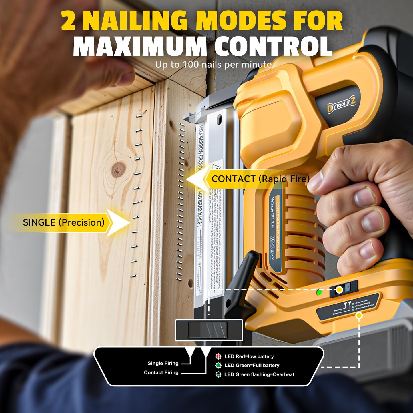 DIYtoolifz 18GA Cordless 2" Brad Nailer Compatible with DeWalt 20V (Tool Only), 2-in-1 Nail & Staple Gun, Tool-Free Jam, Adjustable Depth, 2 Modes with 400 Nails/Staples for Woodworking,Trim,Carpentry