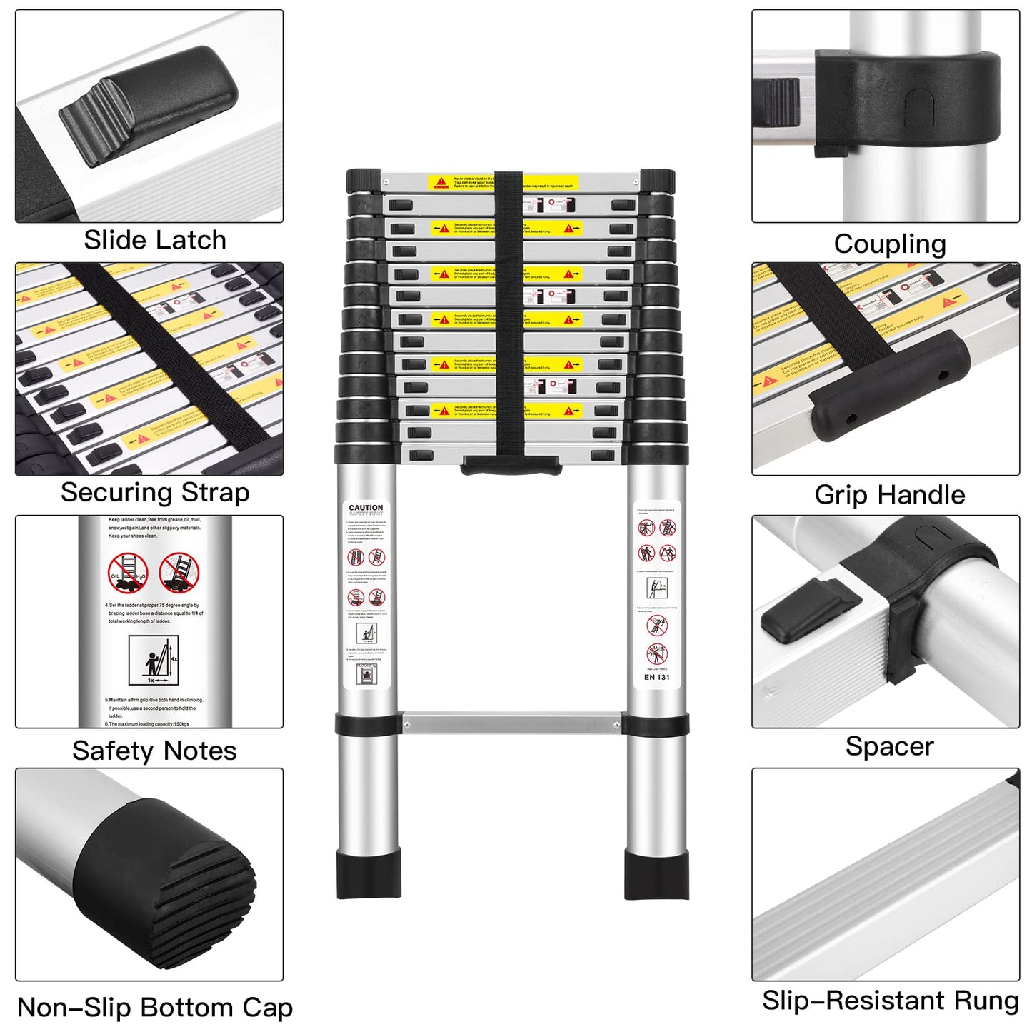(15Ft/4.5M) Telescoping Ladders，EN131Standards Multi-Purpose Folding Aluminum Extension Ladder