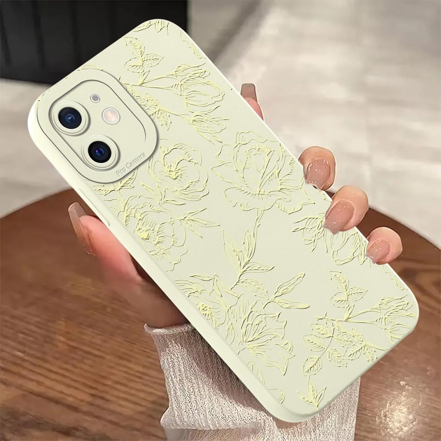 Aoldimu 12 6.1",Aesthetic 12,Beige Cute Flower Phone Case for iPhone Yellow Lines Floral Cases Girly Art Stylish Design