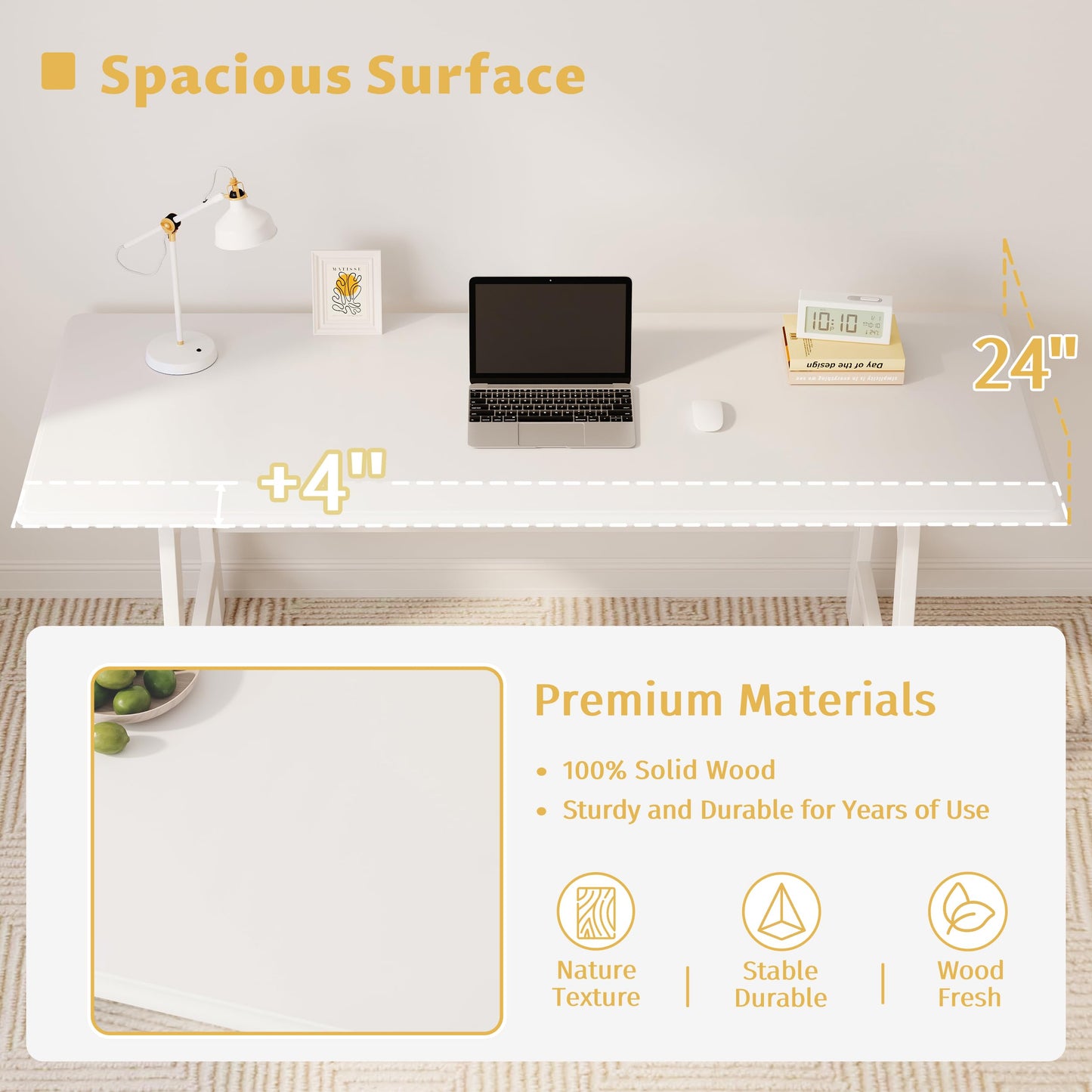 IOTXY Solid Wood Writing Table - 60" W x 24" D Minimalist Computer Desk for Home Office, Work, Study, Creativity, and PC Workstation, White