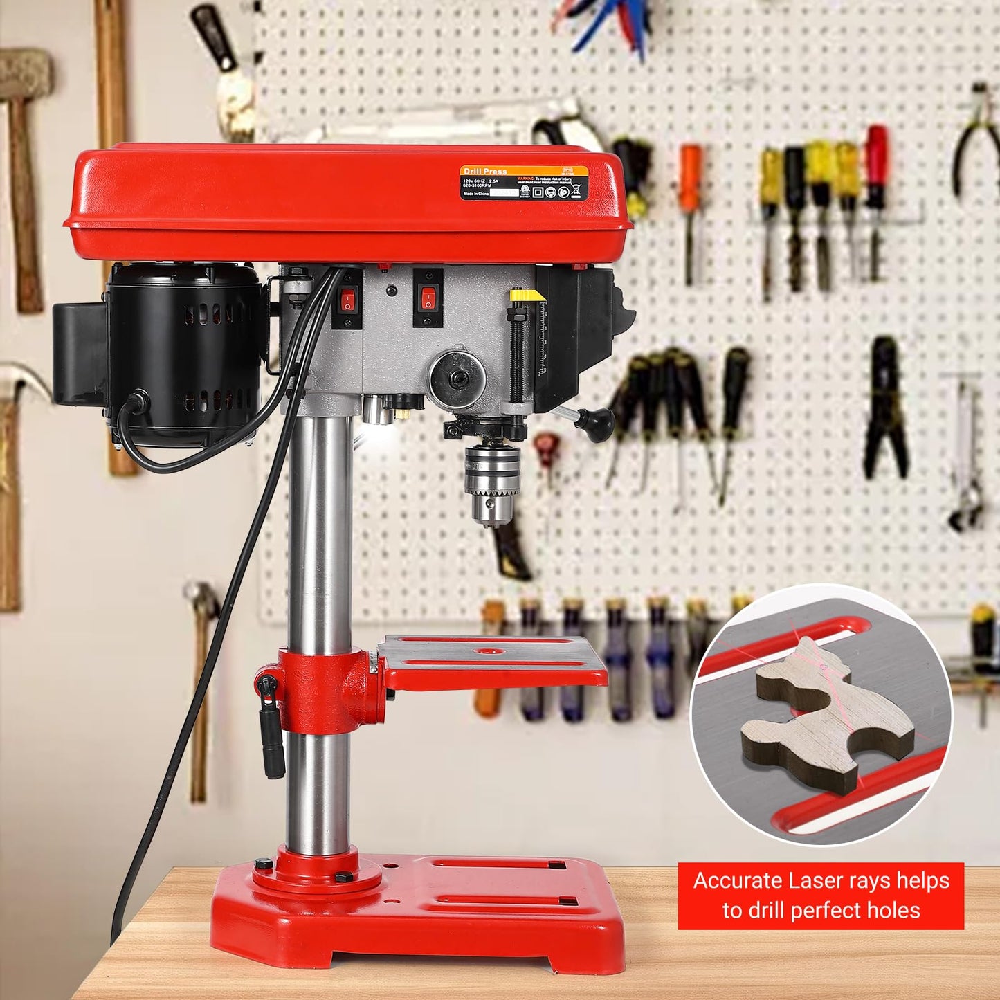 8" Benchtop Drill Press, Laser Ray (Class II Max. 1mW), Tabletop Drilling Machine with 5 Adjustable Speeds (620 to 3100 RPM), 0-45°Tilting Worktable with LED Light (1W), for Wood or Metal