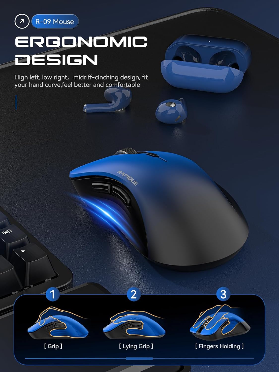 RAPIQUE 2.4 Bluetooth Wireless Mouse - Dual Bluetooth & GHz USB Receiver, Comfortable Grip, Quiet Clicks, Low Power