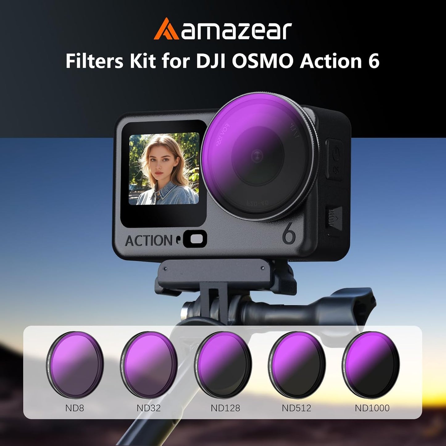 AMAZEAR 6 (5 Pack), Action6 ND8 ND32 ND128 ND512 ND1000 ND Filters Kit for DJI OSMO Action Accessories Optical Glass