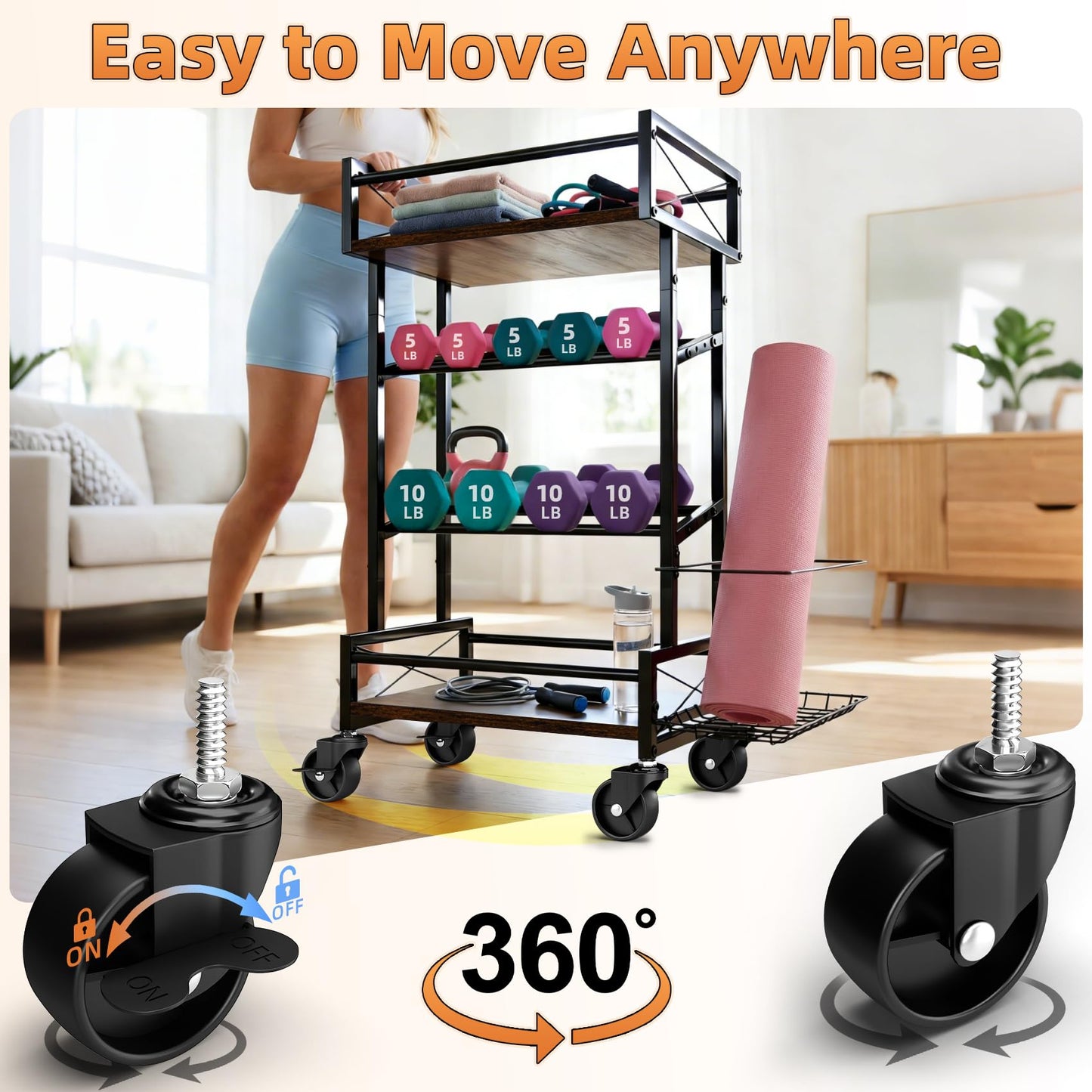 4 Tier Home Gym Storage Rack with Wheels, Yoga Mat Rack Small Dumbbell Weight Rack, Multi-Functional Wood Metal Gym Equipment Storage Rack Workout Cart for Women Kettlebell Fitness Organizer