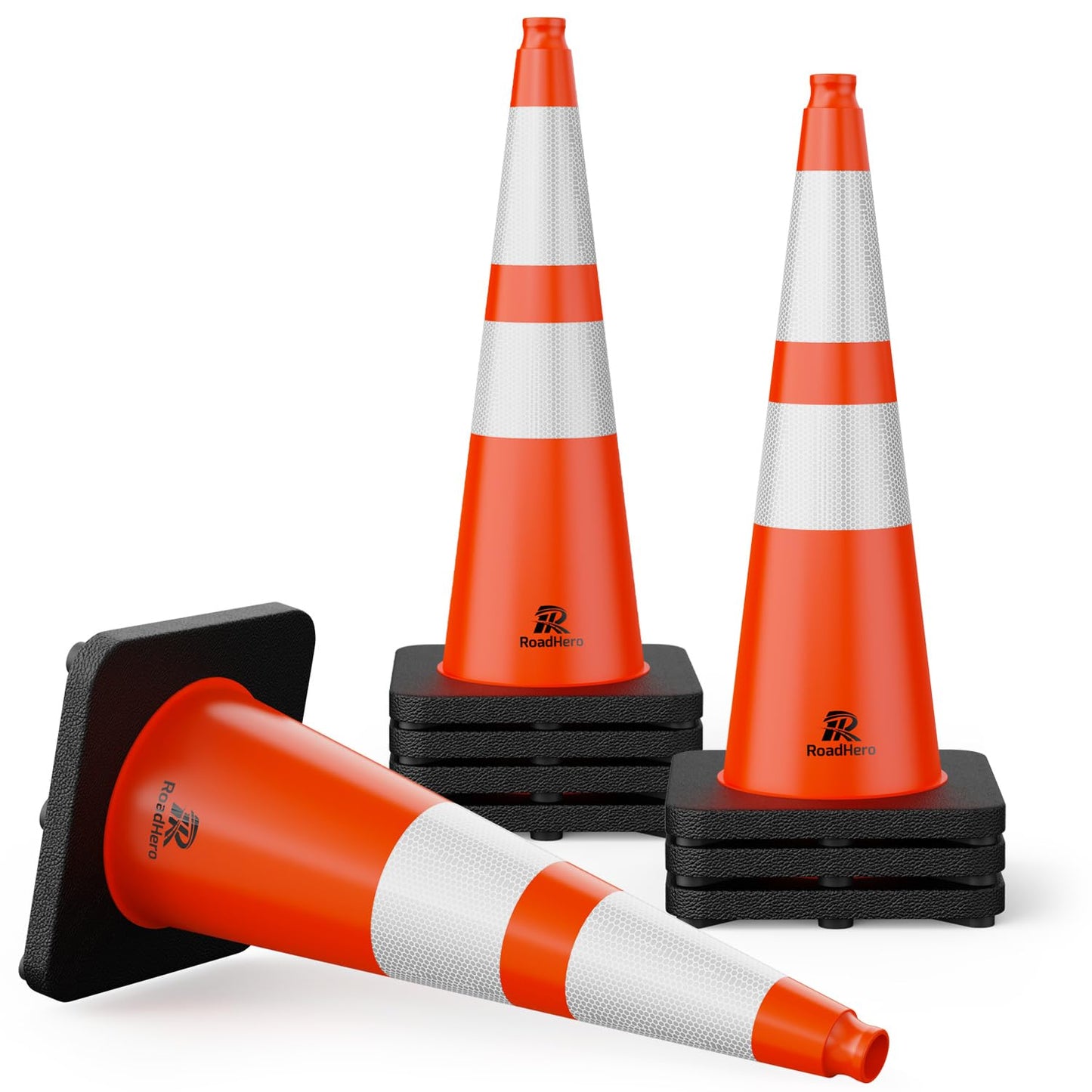 RoadHero 8 Pack Traffic Safety Cones 28 Inch with Black Weighted Base, Orange Cones with Reflective Collars for Parking Lot, Road Safety, Construction Events