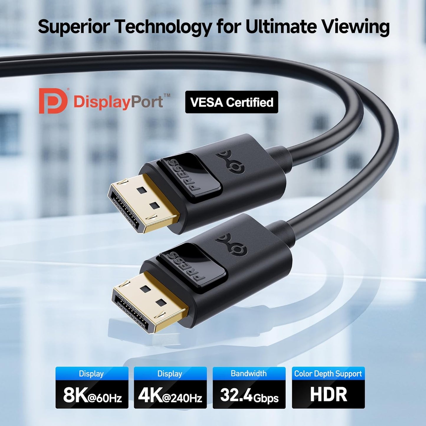 32.4Gbps 1.4 10ft, 8K 60Hz, 4K 240Hz 1.4 4080/4090, 6800/6900 Cable Matters [VESA Certified] DisplayPort Cable