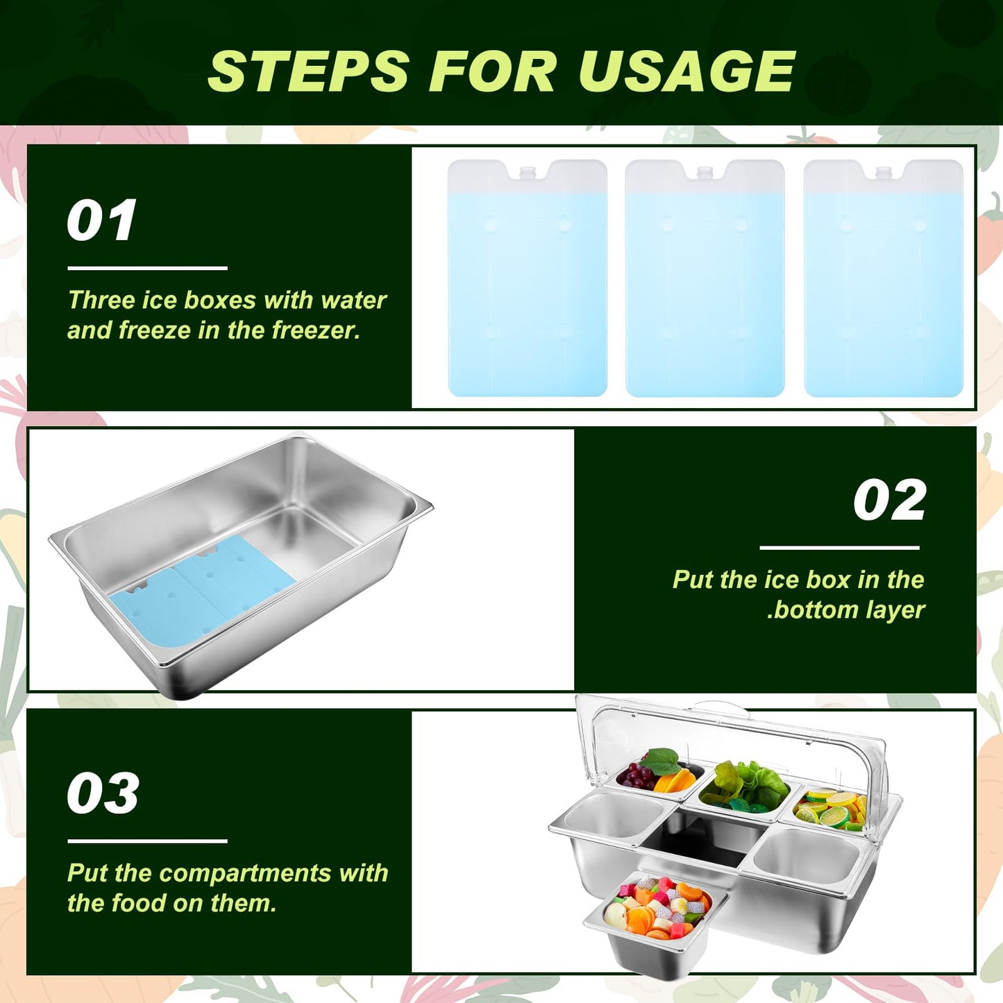 Tessco for you 2 Set Countertop Chiled Ice Food Serving Display Container Stainless Steel Condiment Dispenser with Lid Clamps Spoons Box for Restaurant Kitchen (6 Compartments)