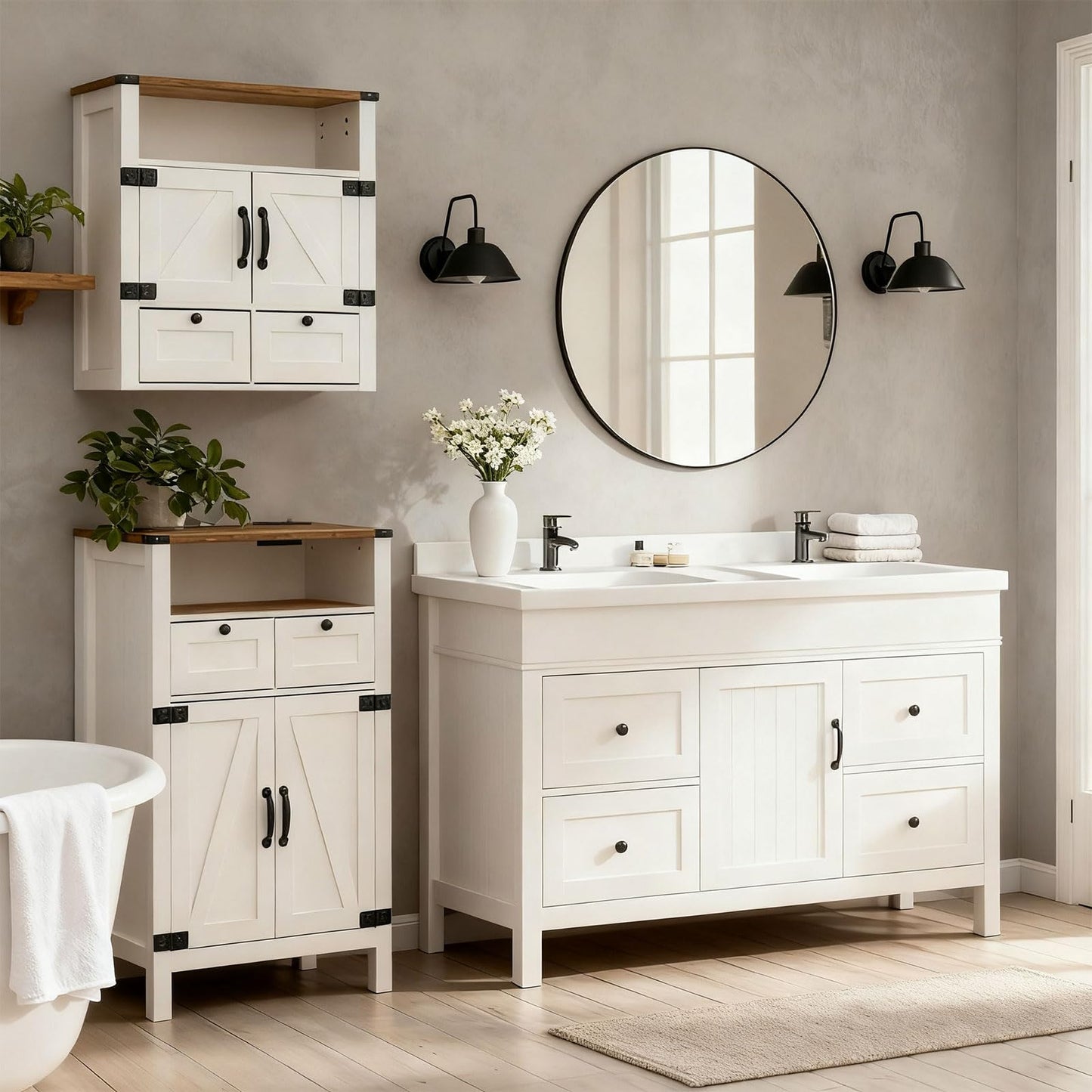 M METERXITY Bathroom Wall Cabinet, Farmhouse Medicine Cabinet with Mirror, Drawer, Barn Doors, Over the Toilet Storage Cabinets Wall Mounted for Bathroom Kitchen Laundry Entrance, Rustic