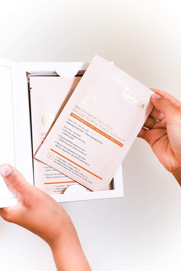 Karuna Brightening+ Sheet Masks for Radiant Skin, Hydrating Face Mask Skin Care Essential, Face Mask with Grapefruit Seed & Rare Asian Plant Extracts Plus Salicylic Acid, 4 Sheets per Pack
