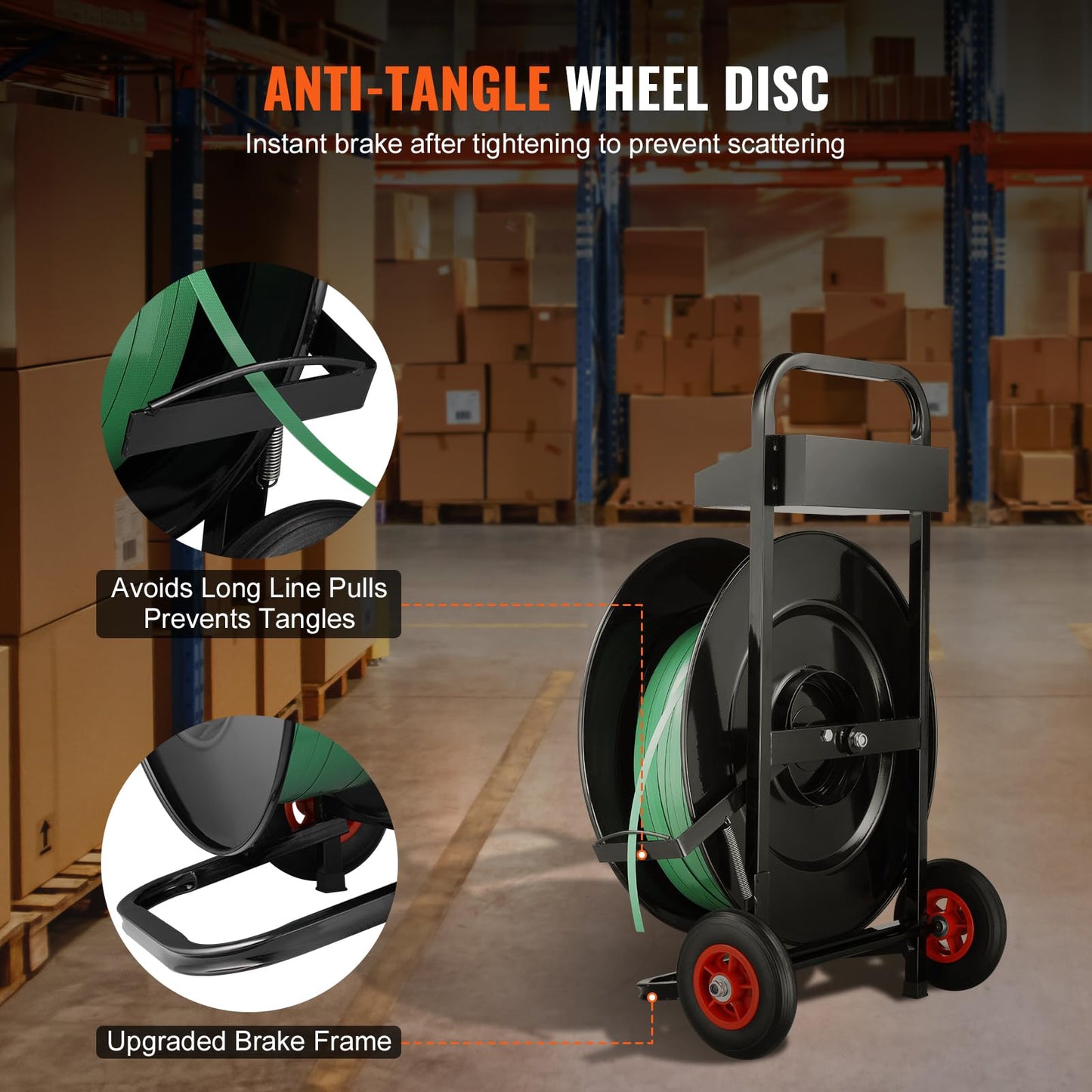 VEVOR Banding Strapping Cart, for PET/PP/Fiber Strapping Coils with 8" or 16" Core Size, Heavy Duty Strapping Dispenser, Equipped with Anti-Retreat Pulleys, Upgrade Brake System, Spacious Tray