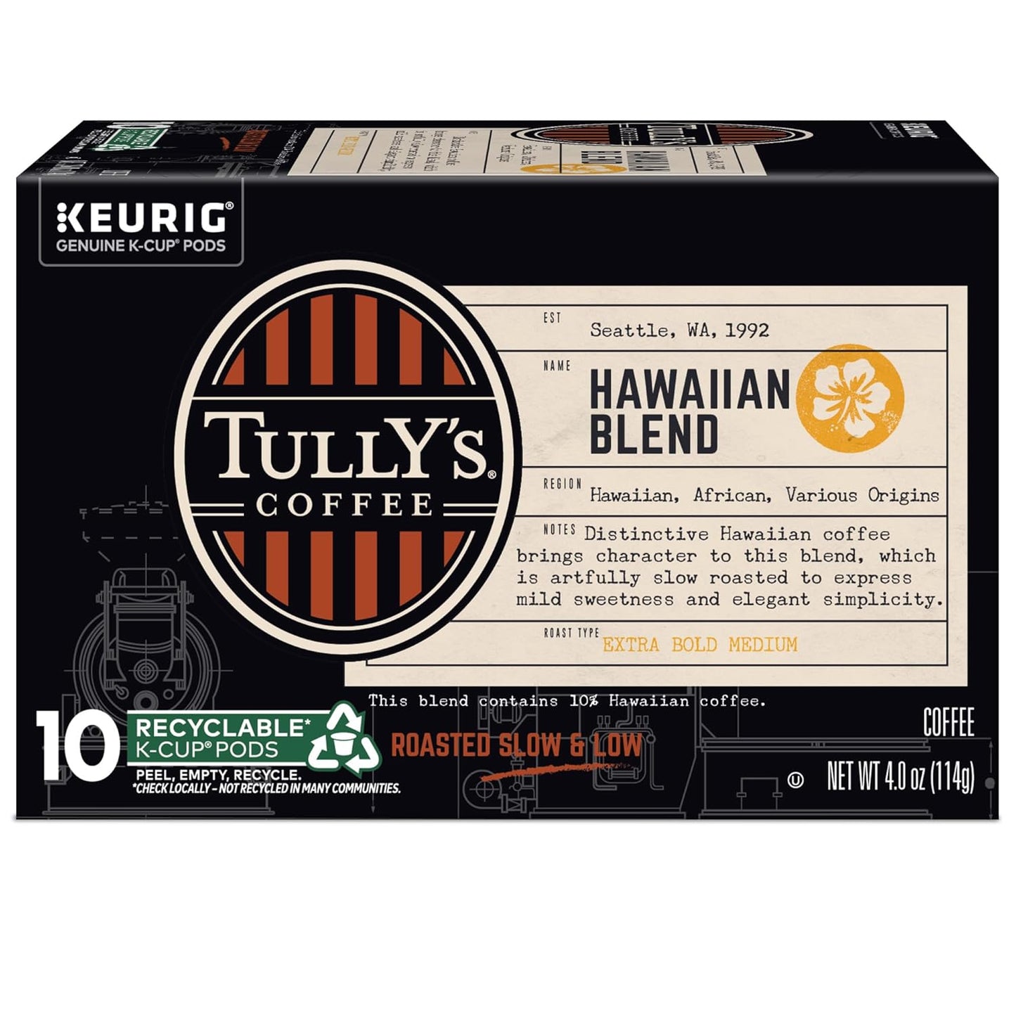 Tully's Coffee Hawaiian Blend K-Cup Pods - Medium Roast, 60 Count (6 Packs of 10)