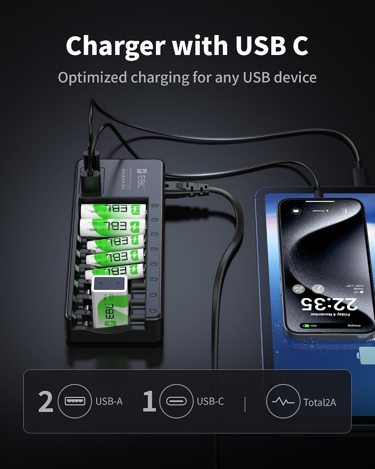EBL 9V 9V 2 1 AA AAA Individual Battery Charger for AA AAA NiMH NiCD Rechargeable Battery, with USB-A & USB-C Charging