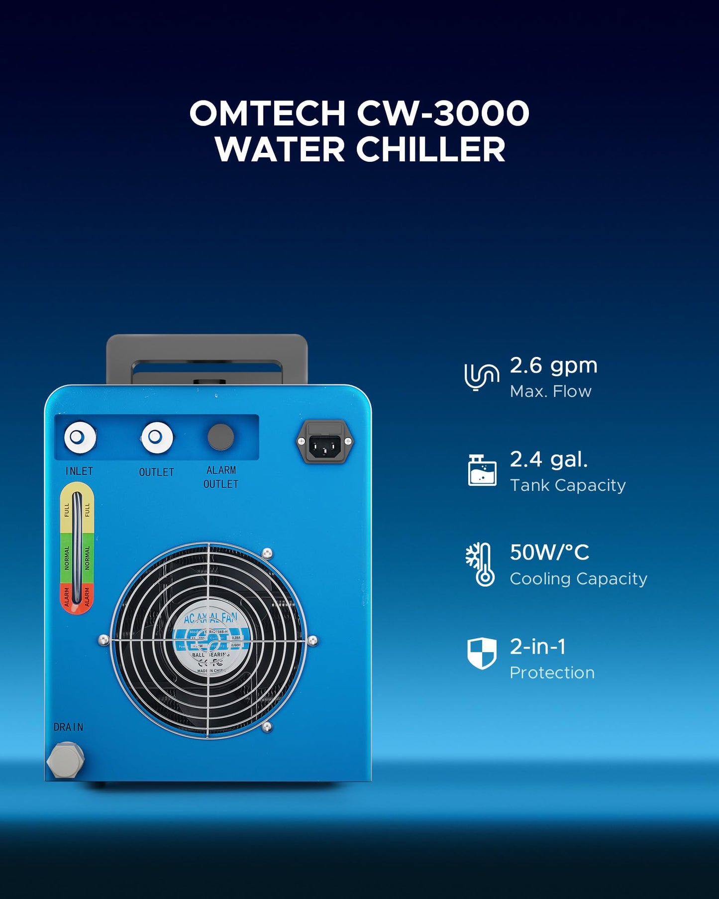 OMTECH 9L Industrial Water Chiller 2.6gpm CW-3000 Water Cooler for 40W K40 CO2 Laser Engraving & Cutting Machines, Water Cooling System Radiates 50W of Heat per Degree C