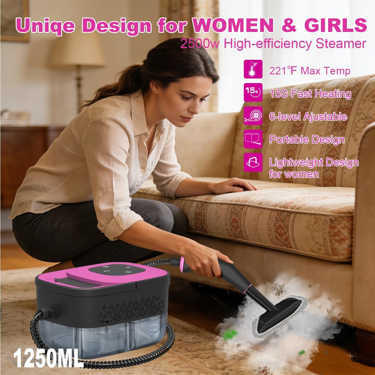 Skiennix Portable Steam Cleaner - 16-Piece Accessory Set | 6-Level Adjustable Heat, Fast 15s Heat-Up, Lightweight Design for Home & Car Detailing