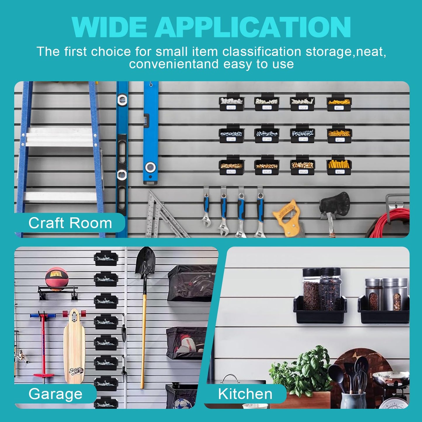Slatwall Bins with Hooks, Plastic Slatwall Accessories for Organizer Containers for Garage, Hardware, Craft Room, Kitchen, Tool Shed, Workbench (12 Pack)