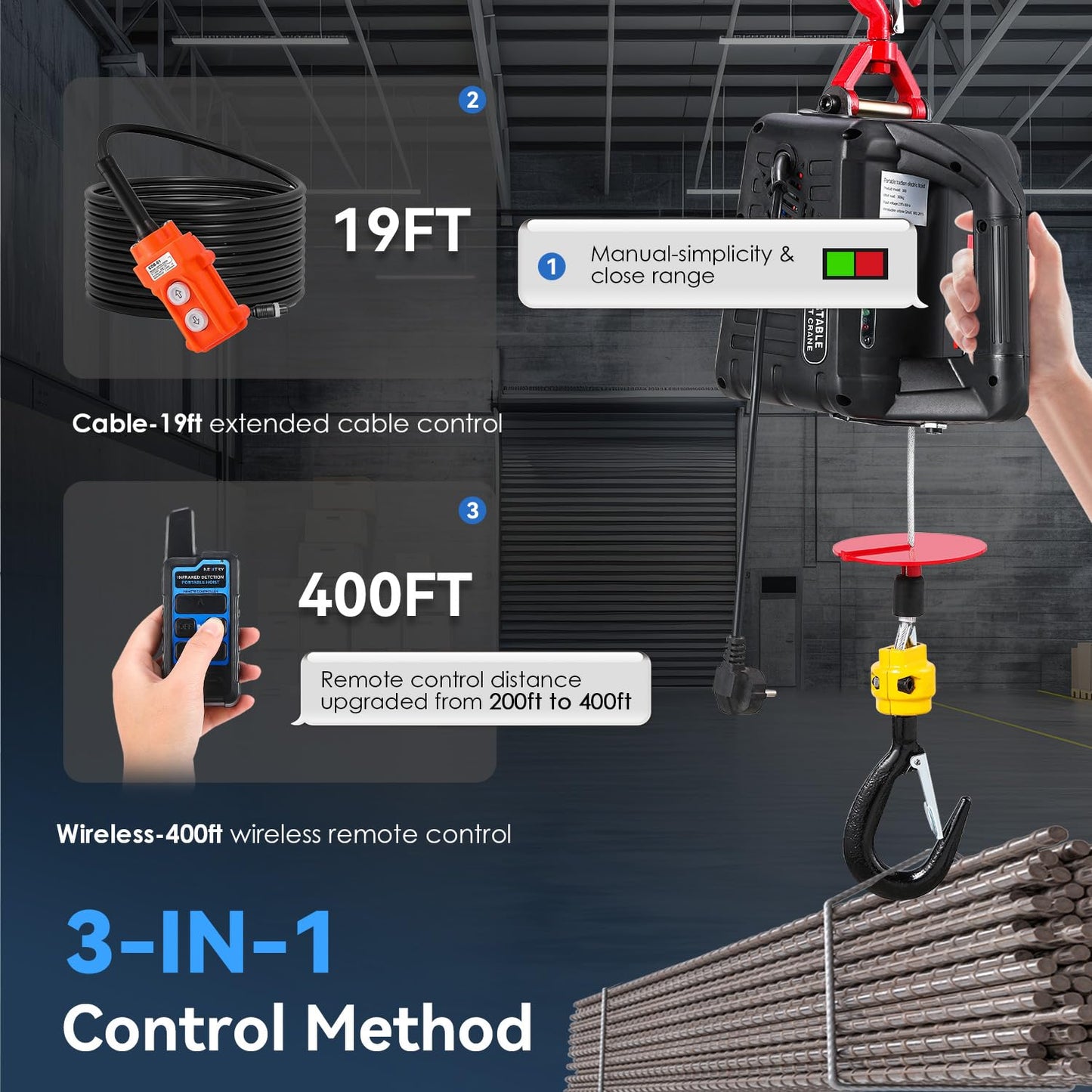NEWTRY 3 in 1 Electric Hoist, Upgraded Infrared Limit Switch, 1100LBS Portable Electric Winch, 110volt Vertically & Horizontally Lifting