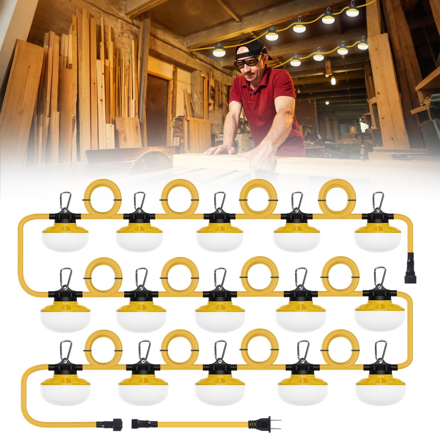 Phylosal 150FT LED Construction String Lights, 135W 18900LM LED String Work Lights with 15 Bulbs & Hooks, IP65 Waterproof 6000K Industrial Grade Lighting for Renovation, Mine Cave, Job Site, Walkways