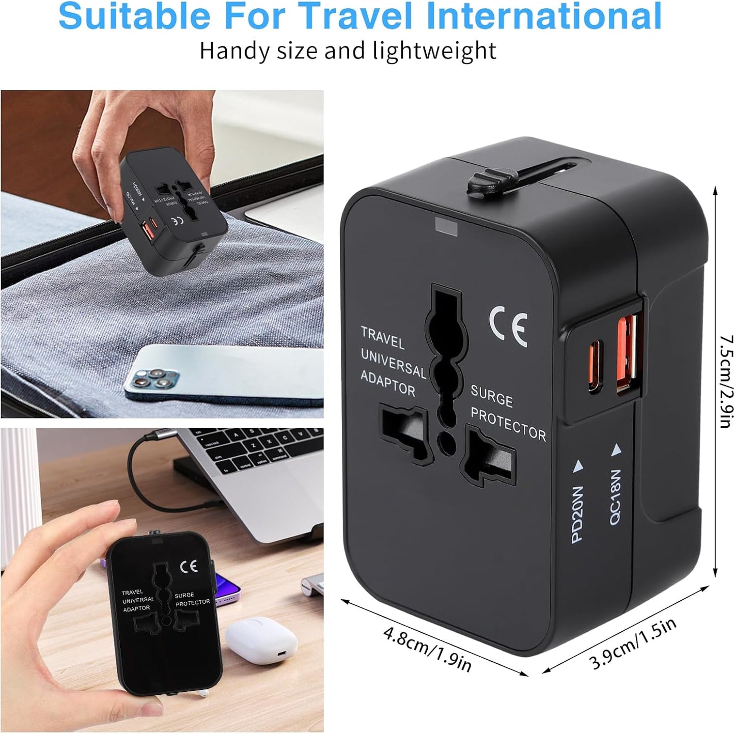 Zinalop PD20W Adapter,1 1 Universal Travel Adapter, International Power Type-C & USB-A Fast Charging Travel Charger