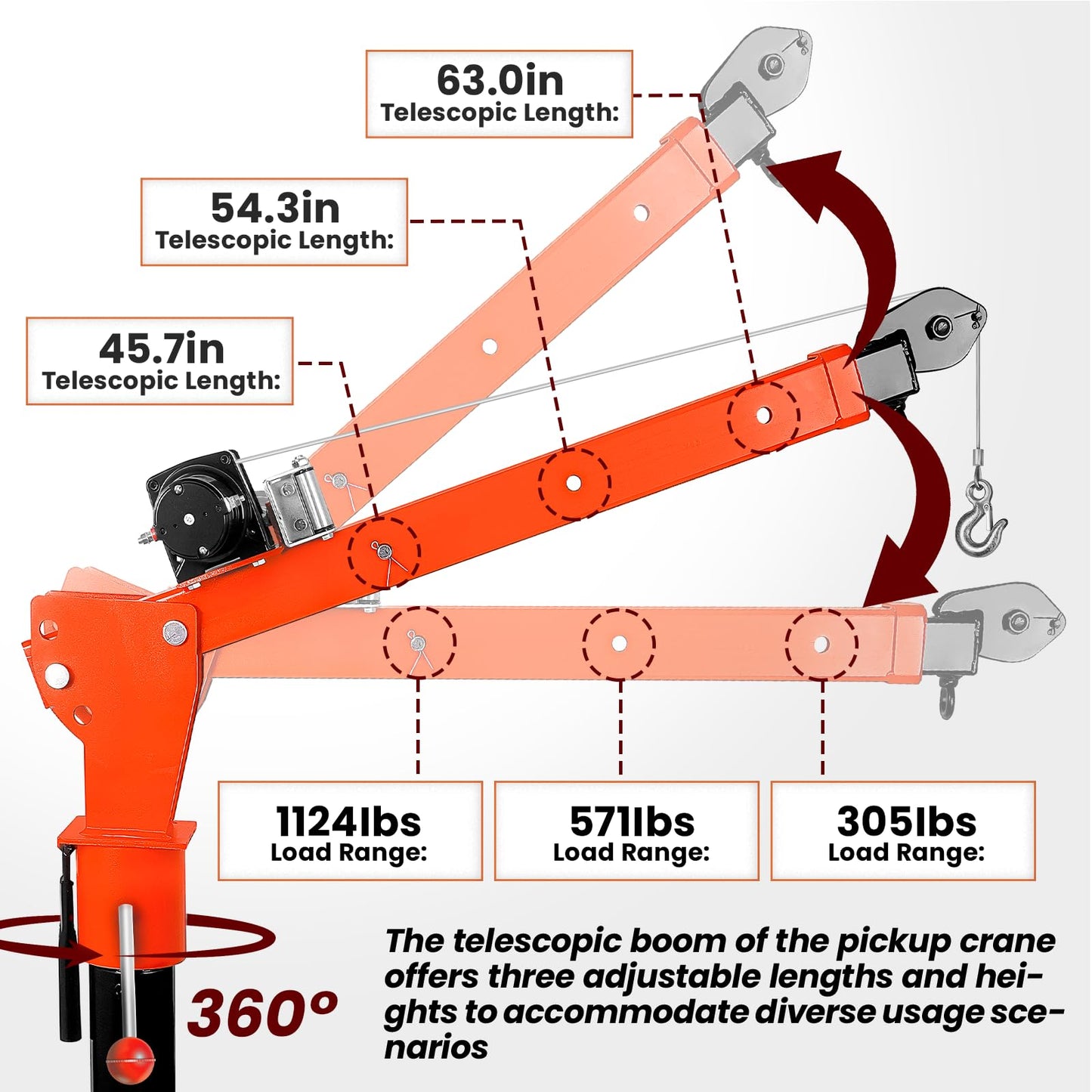 DEFNES 2000LBS Truck Bed Crane, 3500LBS 12V Electric Winch, Painted Alloy Steel Pickup Truck Jib Crane 360° Swivel Lift Electric Hoist, 3 Adjustable Loads & Heights, Pre-Lubricated (3500LBS)