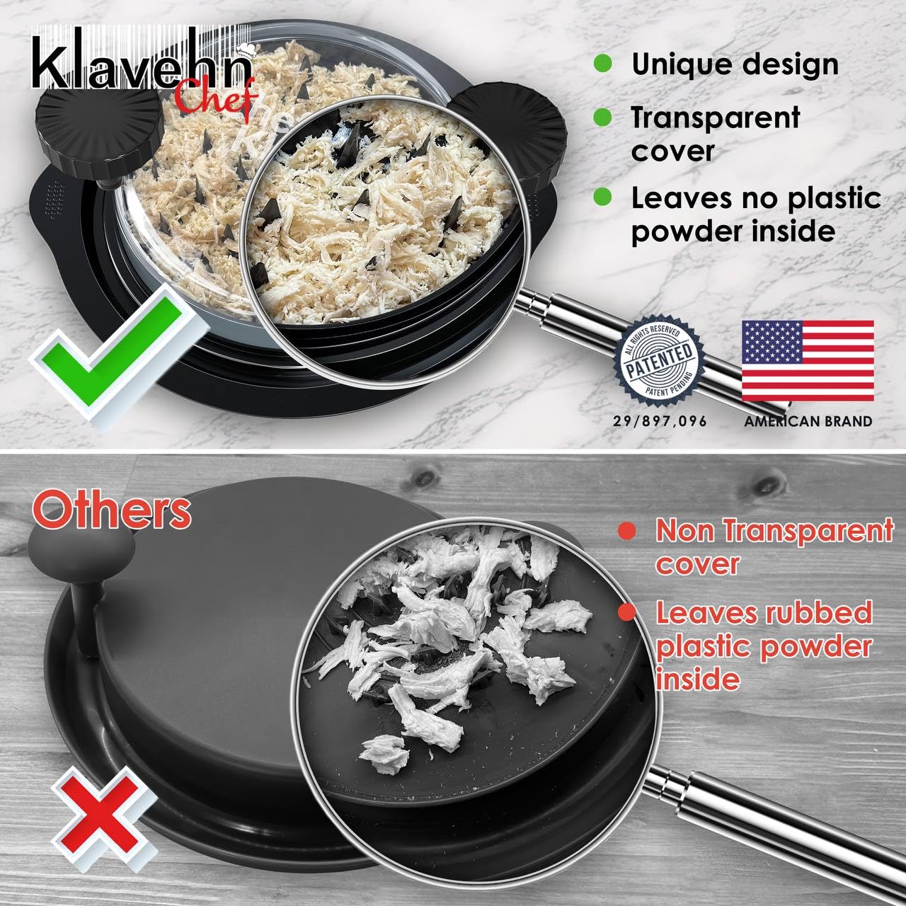 American brand 3-Layer Chicken Shredder w/Detachable Plate + Special Brush, Double Anti-Slip, BPA Free, Heat Resistant, Dishwasher Safe | Chicken Breast Shredding Tool Twist, Beef, Pork, Meat Grinder
