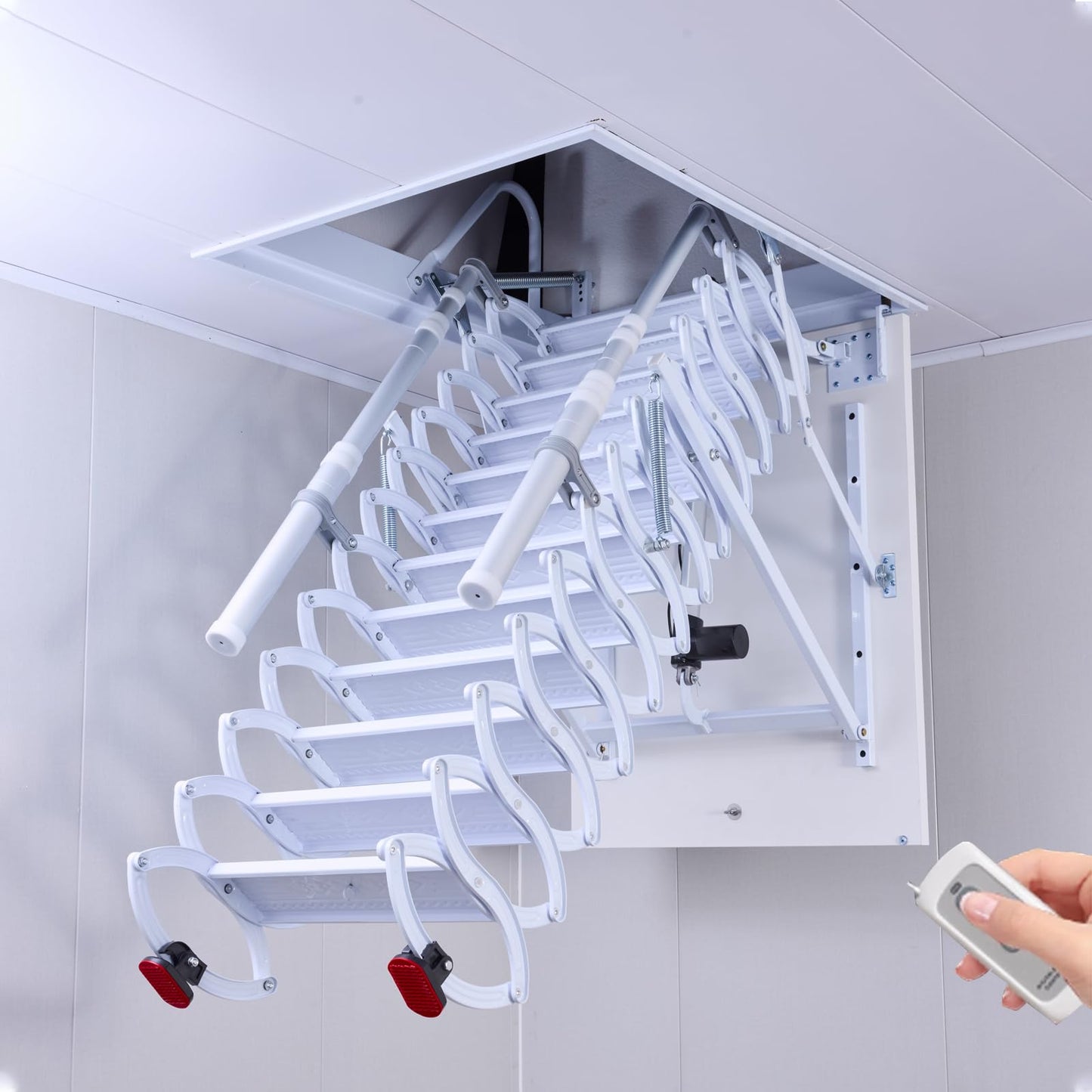 12 Steps Electric Attic Ceiling Ladder, Retractable Pull Down System Attic Stair, Invisible Folding Ceiling Loft Ladder with Telescoping Handrail, Extension Steps Staircase for Home (White, Steps 12)