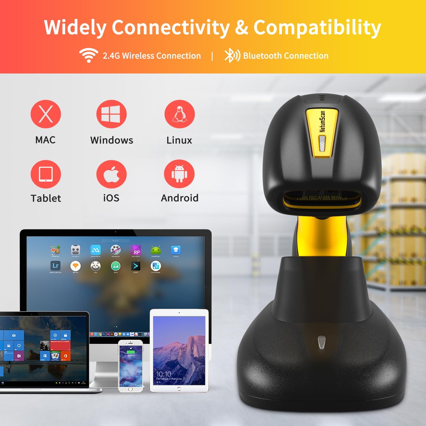 NetumScan Industrial Bluetooth QR Barcode Scanner, IP67 Waterproof & 7M Drop Proof, 1.3M CMOS Sensor Wireless 1D 2D Bar Code Scanner with Charging Stand for Store, POS, Computer, iPhone, Android