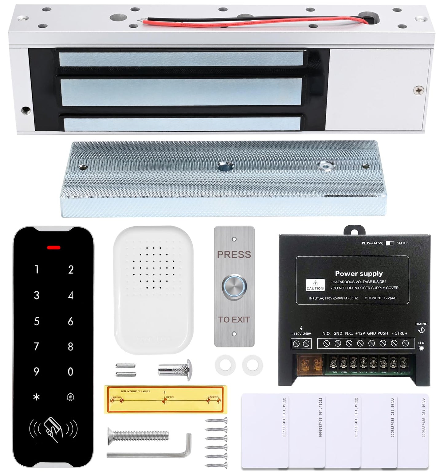 Door Access Control Kit, RFID Keypad, 1200LB Magnetic Lock Set, Exit Button, Doorbell, Power Supply Controller, 10 RFID Key Fobs (XC50-500kg-Kit)
