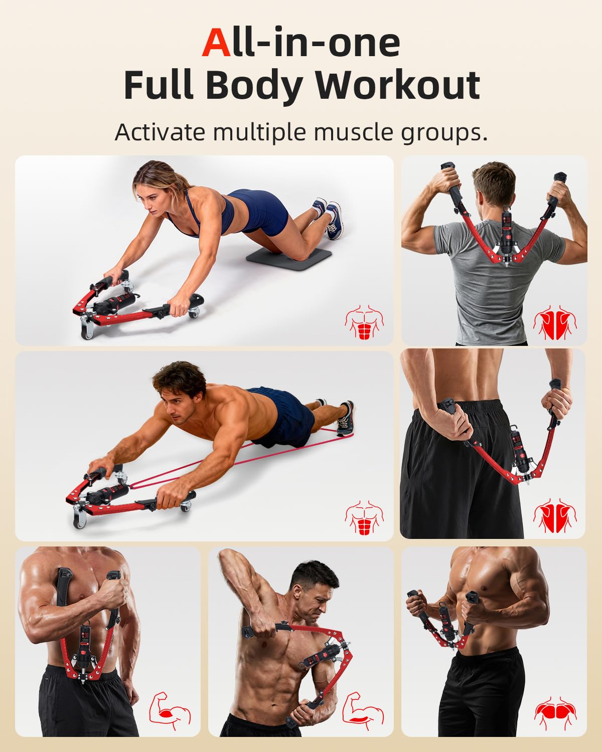 Abahub 2-in-1 Arm Trainer with AB Roller Wheels, Enhanced Hydraulic Power Twister Arm Trainer, 22-440LBS Adjustable Resistance Home Gym Equipment for Arm, Chest, Core & Full Body Workout, Red
