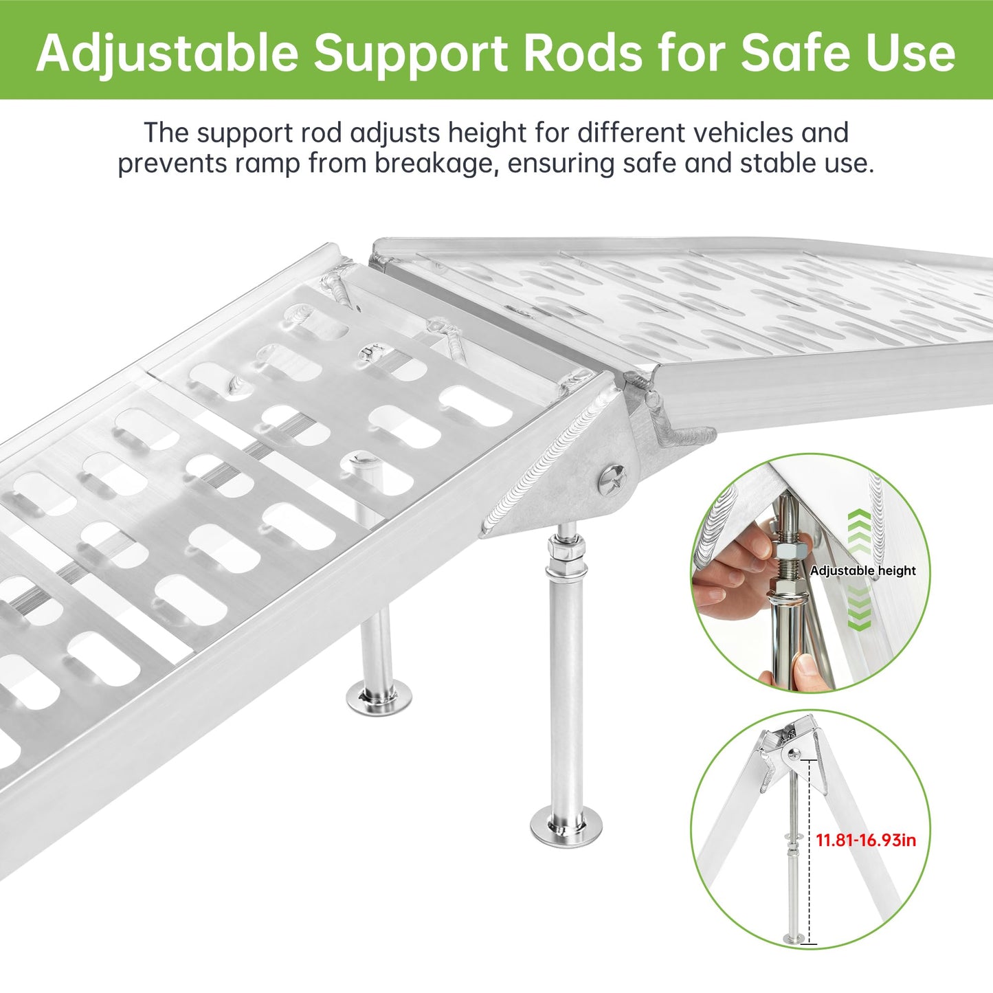 7.5 FT Aluminum Folding Loading Ramps, 3000lb Capacity Truck Ramps for ATV/UTV, Motorcycle, Lawn Mower, Golf Carts, Dirt Bike, with Adjustable Height Support Rods and Rubber Handles, 2PC Set