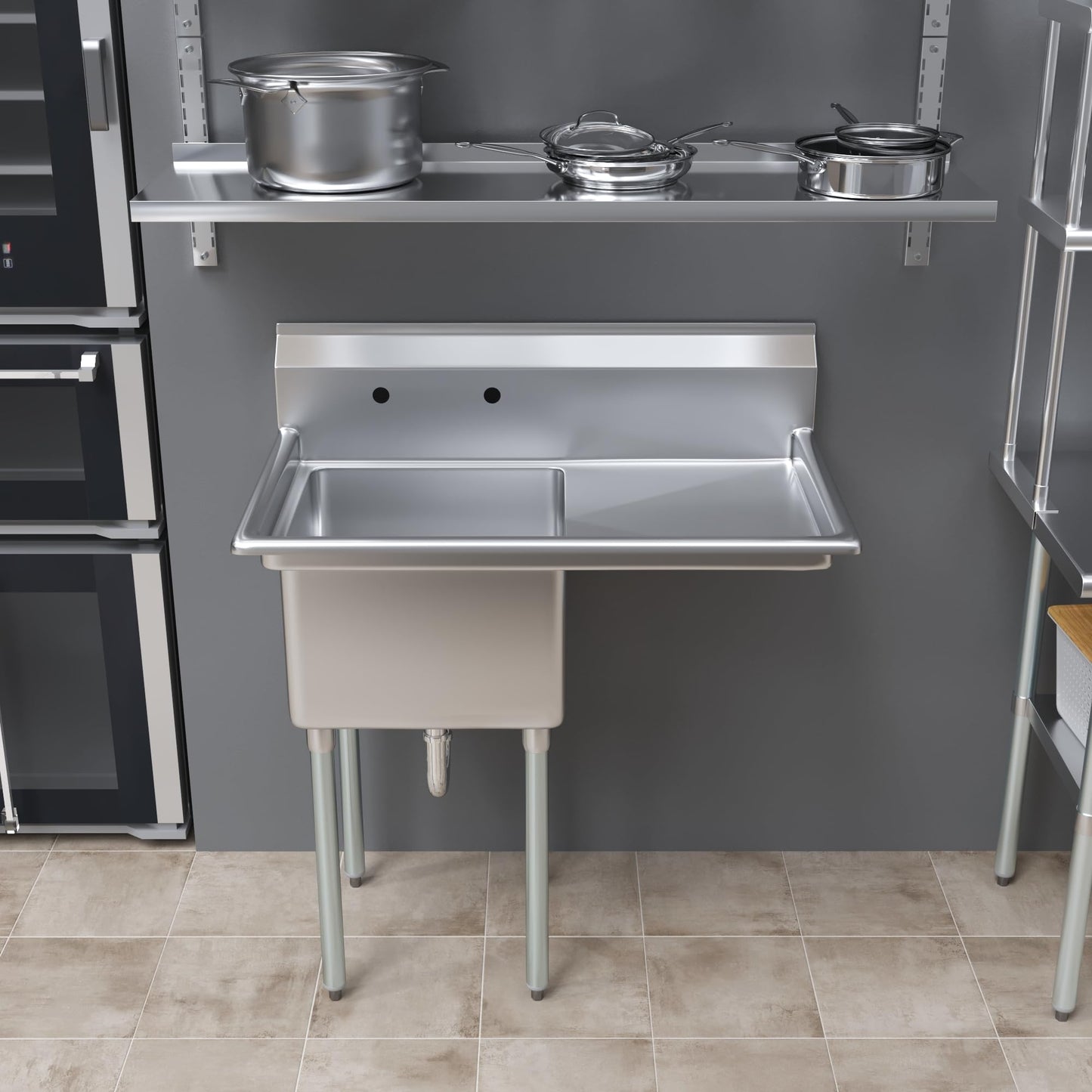 39 in. x 23.5 in. Stainless Steel One Compartment Sink with 18 in. x 18 in. Bowl and 18 in. Right Drainboard. NSF